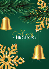 Wall Mural - Merry Christmas elegant card clipart poster. Christmas greeting clip art template with hanging gold bell, glitter snowflakes and leaves decoration elements in green background vector illustration.  
