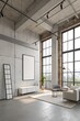 © Farwah - Modern loft with concrete walls featuring a white empty frame mockup, minimal furniture and large windows