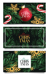 Wall Mural - Merry Christmas greeting card clipart banner set. Christmas greeting template clip art collection with xmas ball, candy cane, glitter snowflakes and green pine tree leaves decoration elements 
