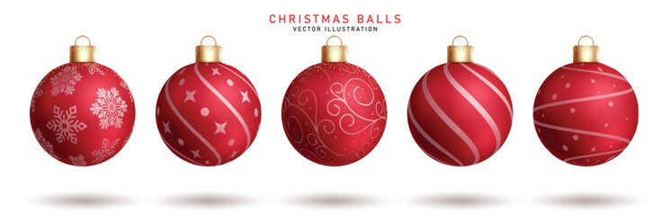 Wall Mural - Christmas red balls clipart set. Red Christmas ball bauble clip art collection with snowflakes print and pattern design in isolated background for xmas elements ornaments vector illustration. 
