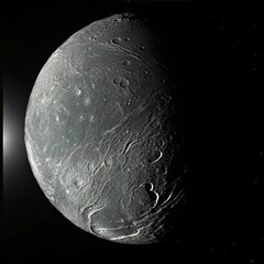 Wall Mural - This image shows Ariel, one of the major moons of Uranus. Its surface is a captivating mix of heavily cratered older terrain and smoother, younger plains.