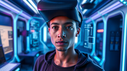 A young programmer with a virtual reality headset in a futuristic cyberspace environment with holographic displays.