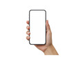 © Creative Design - Close up of a person s hand holding a modern smartphone with a blank gray screen isolated on transparent background