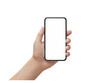 © Creative Design - Human hand holding a modern smartphone with a blank gray screen for customization isolated on transparent background