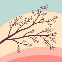 Vector art of stylized tree branch illustration against a pastel colored sky evoking a sense of springtime and natural beauty