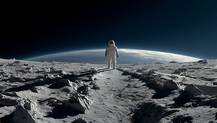 astronaut standing on the lunar surface looking at planet earth in deep outer space, surrounded by a