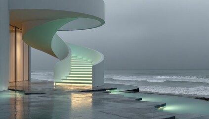 Wall Mural - Modern white seaside home with teal spiral staircase