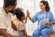 © Art_Photo - African girl high five with doctor after recovery, happy child leaving hospital healthy, pediatric care success, flu treatment completed, positive experience in children hospital, health insurance