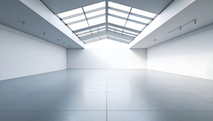  A bright, spacious studio room with a clean concrete floor and seamless white walls, illuminated by soft overhead skylight, creating a minimalist and inviting atmosphere.