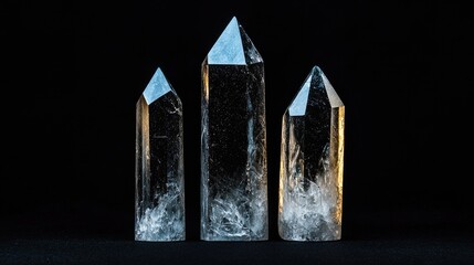 Three translucent crystals, pointed,  in a dark  setting.