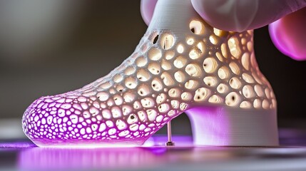 Close-up of a 3d-printed shoe with intricate design.