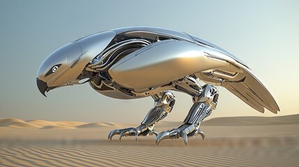 Metallic bird robot in a desert landscape.