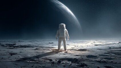 astronaut standing on the lunar surface looking at planet earth in deep outer space, surrounded by a