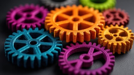 Canvas Print - colorful 3d printed gears in various shapes and sizes on black background