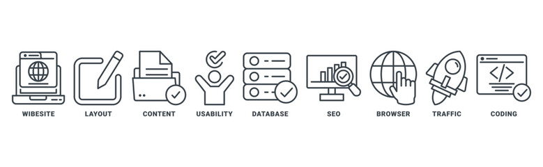 Web Design icon set vector concept with icon of wibesite, layout, content, usability, database, seo, browser, traffic, coding