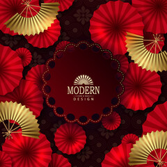 Wall Mural - Chinese New Year. Exquisite red greeting card with gold fans and isolated frame.