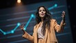 © Phunthip - Women leadership and social impact concept, Dynamic speaker presenting on stage with a graph backdrop.