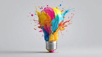 Poster - A light bulb surrounded by a burst of colorful paint splashes brings energy to a creative indoor workshop. The artwork symbolizes innovation and artistic expression in a lively atmosphere.