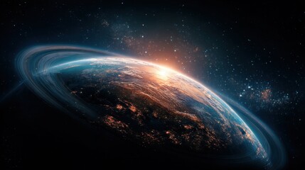 Wall Mural - the earth is seen from a distance, illuminated by a vibrant sunrise. surrounding the planet are stun
