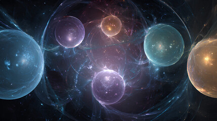 Wall Mural - abstract celestial alignment: glowing planets and cosmic energy in dark space
