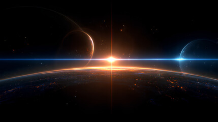 Wall Mural - abstract celestial alignment: glowing planets and cosmic energy in dark space