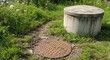 © Photo Dogg - Rusty Manhole Cover and Concrete Utility Access Lid in Grassy Area