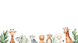 Cute cartoon safari zoo with animal frame border featuring giraffe, zebra, lion, and more, surrounded by lush greenery