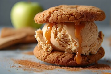 Wall Mural - caramel apple ice cream sandwich between two brown cinnamon cookies
