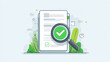© Atchariya63 - Document with magnifying glass showing green check mark for verification and approval concept illustration