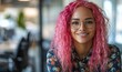 © Kiran - Inclusive, happy, and smiling ethnic Asian disabled office LGBTQ+ queer female, wheelchair-bound colleague with pink hair, bright diverse DEI positive workplace, candid image, Generative AI