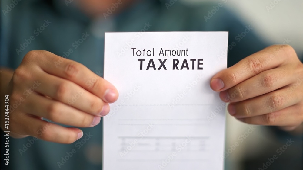tax increase A person holds a document labeled 'Total Amount TAX RATE' in a close-up view.