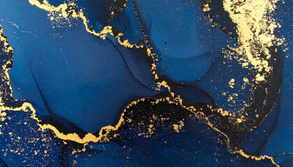 Poster - _Abstract blue marble texture with gold splashes, blue luxury background. 