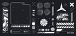 © klyaksun - Cyberpunk HUD design elements in white on black - futuristic interface kit with grid wireframes, geometric shapes, digital patterns and tech symbols. Sci fi UI components. Data bars for game screens.