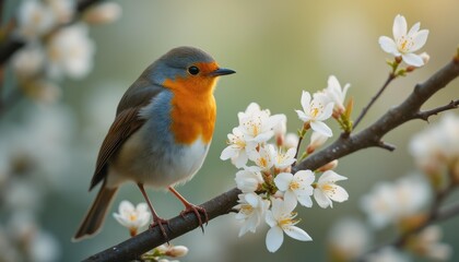 Naklejka na meble Robin perched on a branch in a serene garden during daytime
