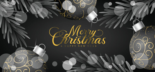 Wall Mural - Merry Christmas black greeting card clipart banner. Merry Christmas and happy new year greeting text in frame design with pine tree leaves and printed bauble ball elements in black bokeh background 