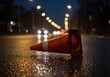 © Olesya - An orange traffic cone lies on a wet city street at night, with blurred car headlights and streetlights in the background. Roadside accident and warning concept.
