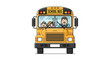 © Sardi - Cartoon illustration of a yellow school bus with a driver and two children waving from the windows.