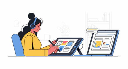 Creative designer working on user interface with tablet, modern workflow illustration, professional digital art, web design, app development process
