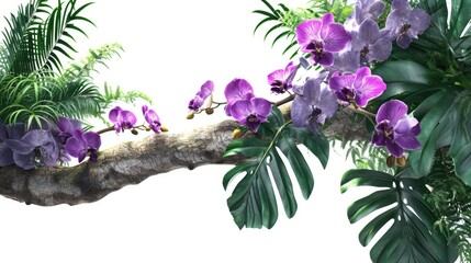 Purple orchids and lush green tropical foliage arranged on a tree branch against a white background.