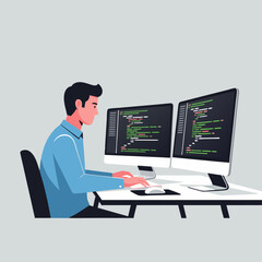 Focused male software developer in a blue shirt coding at a desk with a dualmonitor setup.
