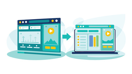 Illustration showing data migration from an old interface to a new modern interface with an arrow in between