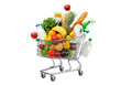 © Kasper - Chrome metal shopping cart, mid-air, overflowing with diverse fresh groceries and household essentials on a transparent background with copy space, ultra-realistic UHD product photography. Concept of
