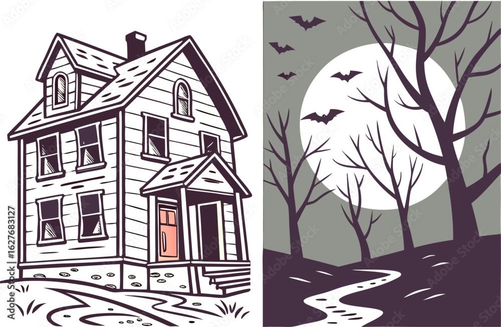 A spooky scene featuring a two story house and a moonlit forest with bats flying in the night sky