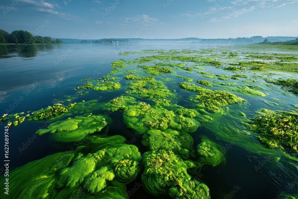Green algae bloom on the surface of a tranquil lake on a sunny morning ...