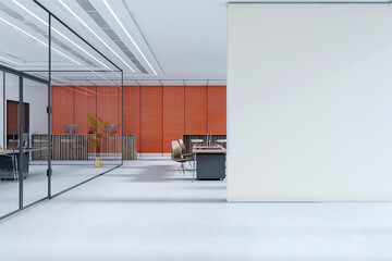 Poster - Modern open office interior with red brick wall and blank partition for mockup or signage in contemporary corporate workspace. 3D Rendering