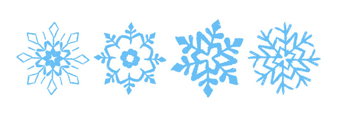 Poster - Set of cute blue Xmas snowflakes drawn in pastel, crayon, chalk, and charcoal textures. A holiday collection for kids featuring frozen, grunge style Christmas crystal squiggle art. Vector illustration