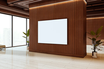 Poster - Modern corporate office hallway with blank white canvas mockup on wooden wall for signage or presentation display concept in clean workspace. 3D Rendering