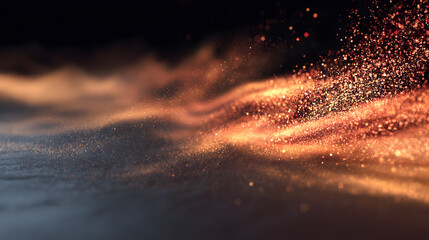 Poster - Abstract Fiery Dust: Captivating image of an abstract cloud of golden particles, a fiery dance of color and energy, inviting a sense of mystery. 