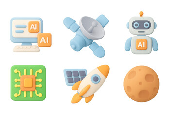 Wall Mural - cute 3d icons set featuring ai, robot, satellite, and space elements