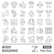 © iconqueen - Body building symbols collection or sketches, strong men theme in thin line style signs for web and app. Vector graphics isolated on white background.
